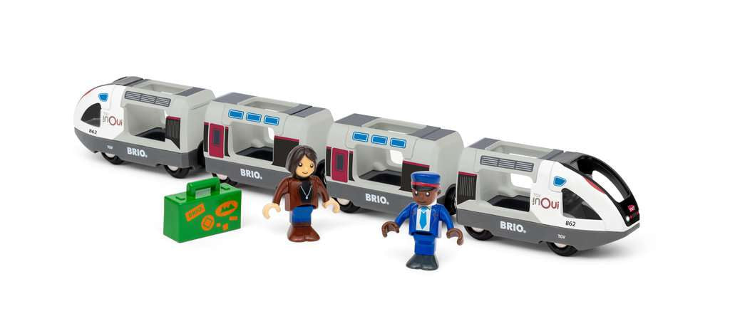 TGV High-Speed Train with detailed engines, passenger carriages, two characters, and suitcase accessory by BRIO World.