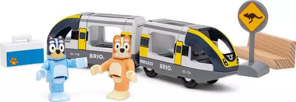 Bluey Train toy with Bluey and Bingo figures and gray passenger cars