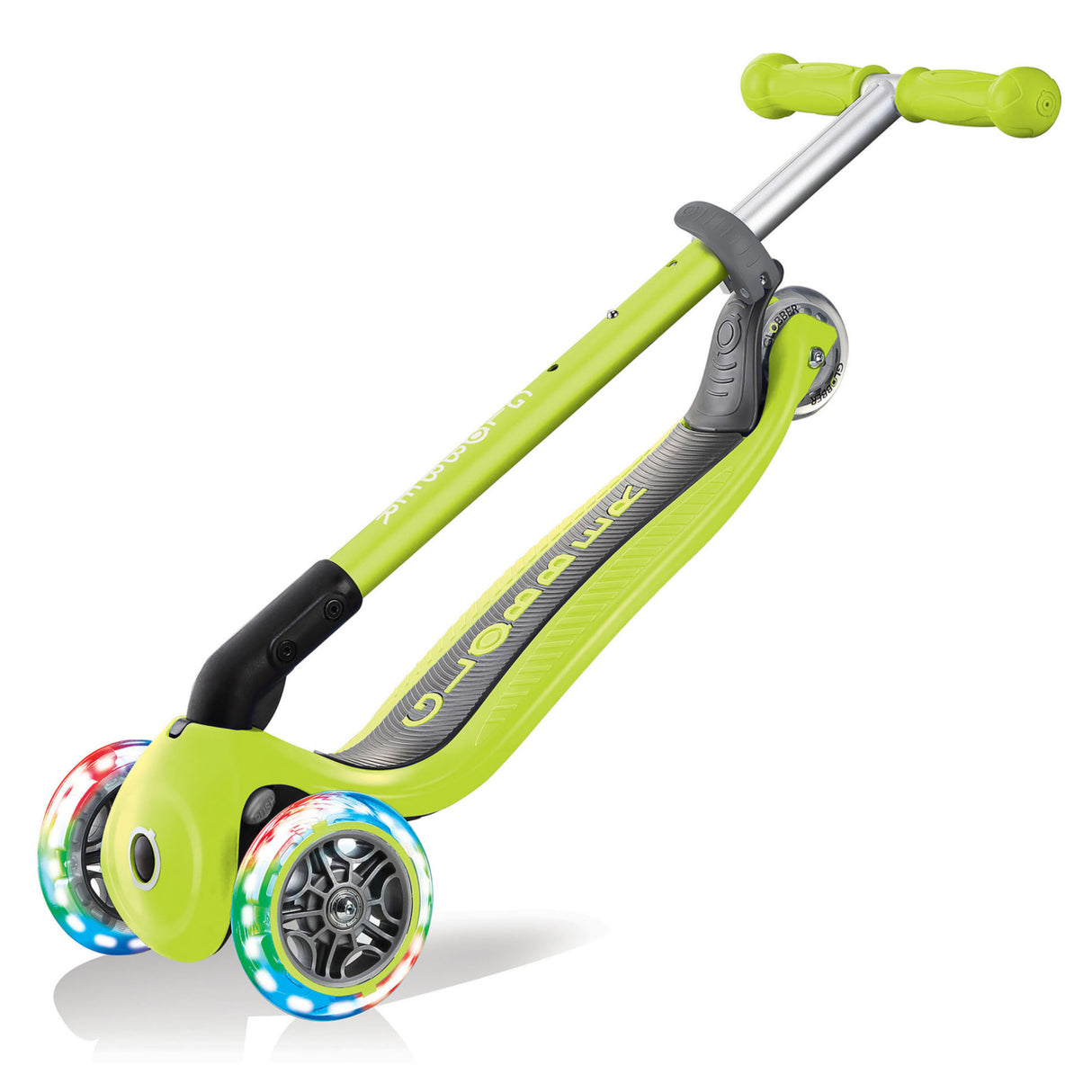 Scooter Primo Light Up Foldable | Green with LED light-up wheels, foldable design, and adjustable T-bar for kids.
