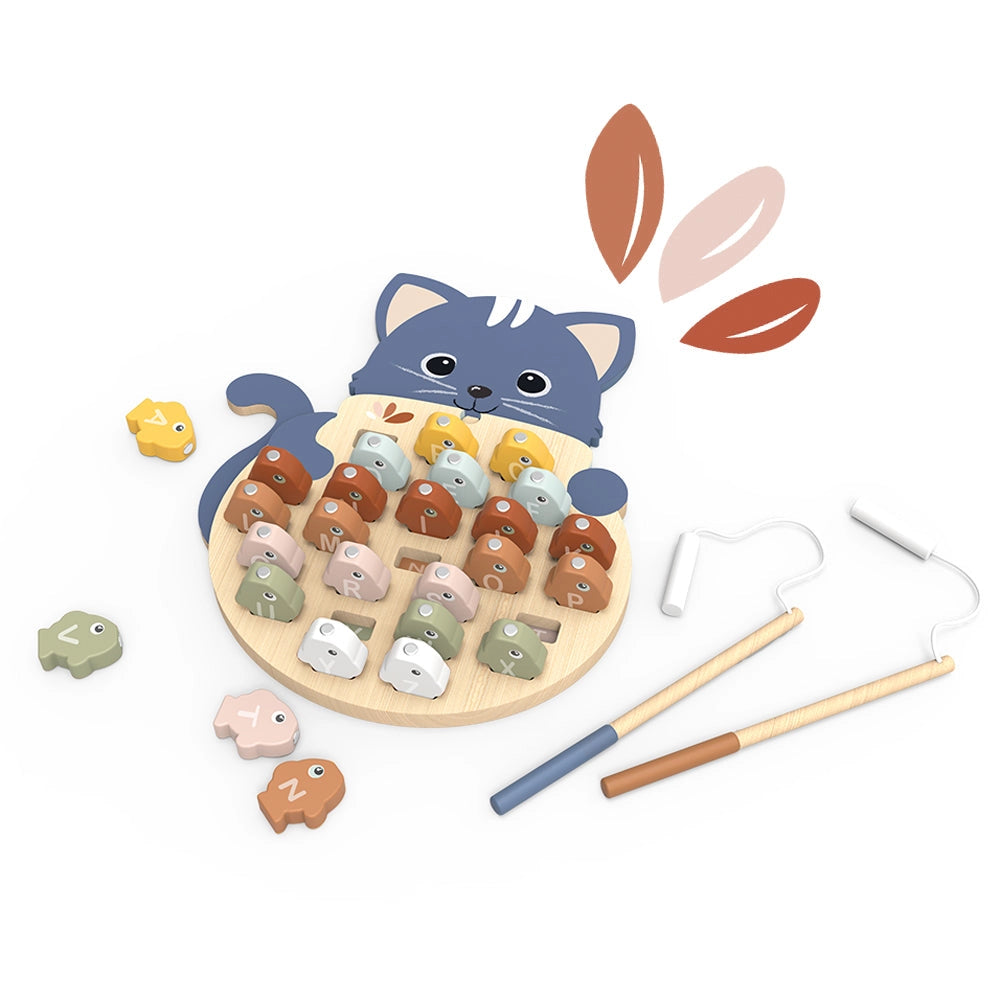 Wooden alphabet fishing game with colorful fish letters and two magnetic fishing rods on a cat-shaped board for toddlers.