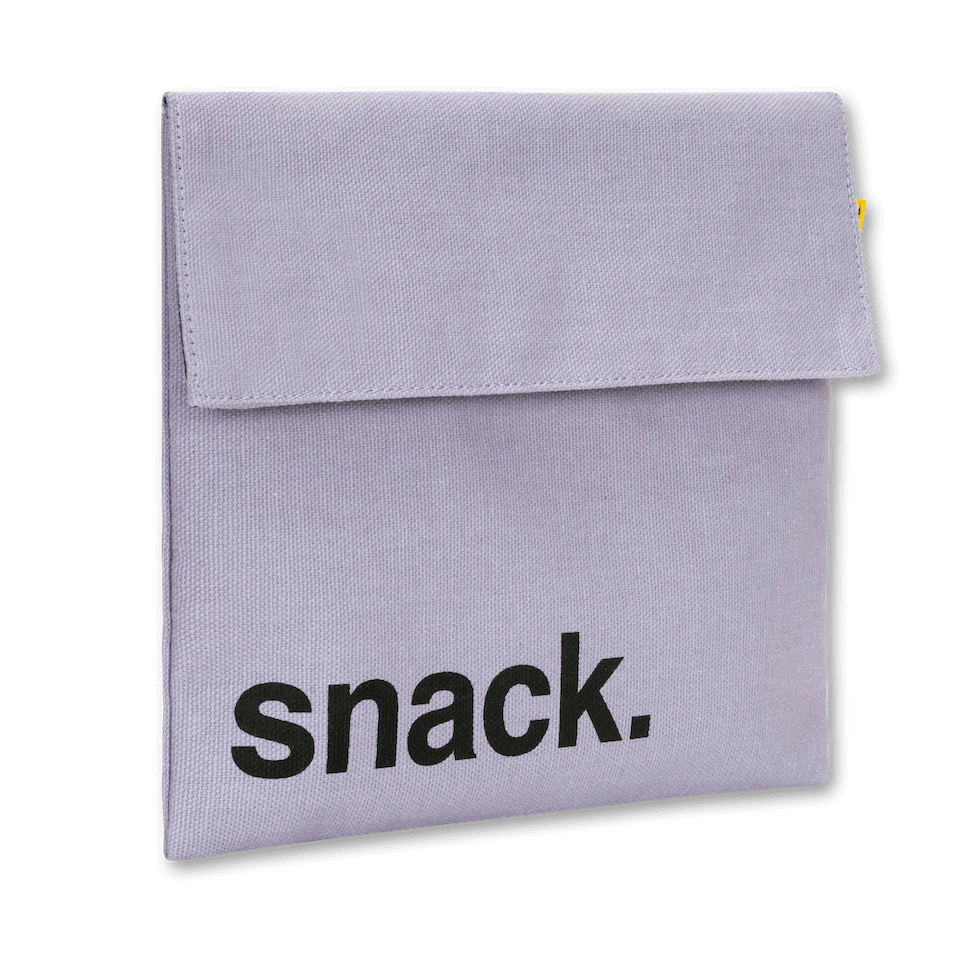 Reusable lavender-colored snack bag with hook and loop closure, made from organic and recycled materials, washable and safe for food.
