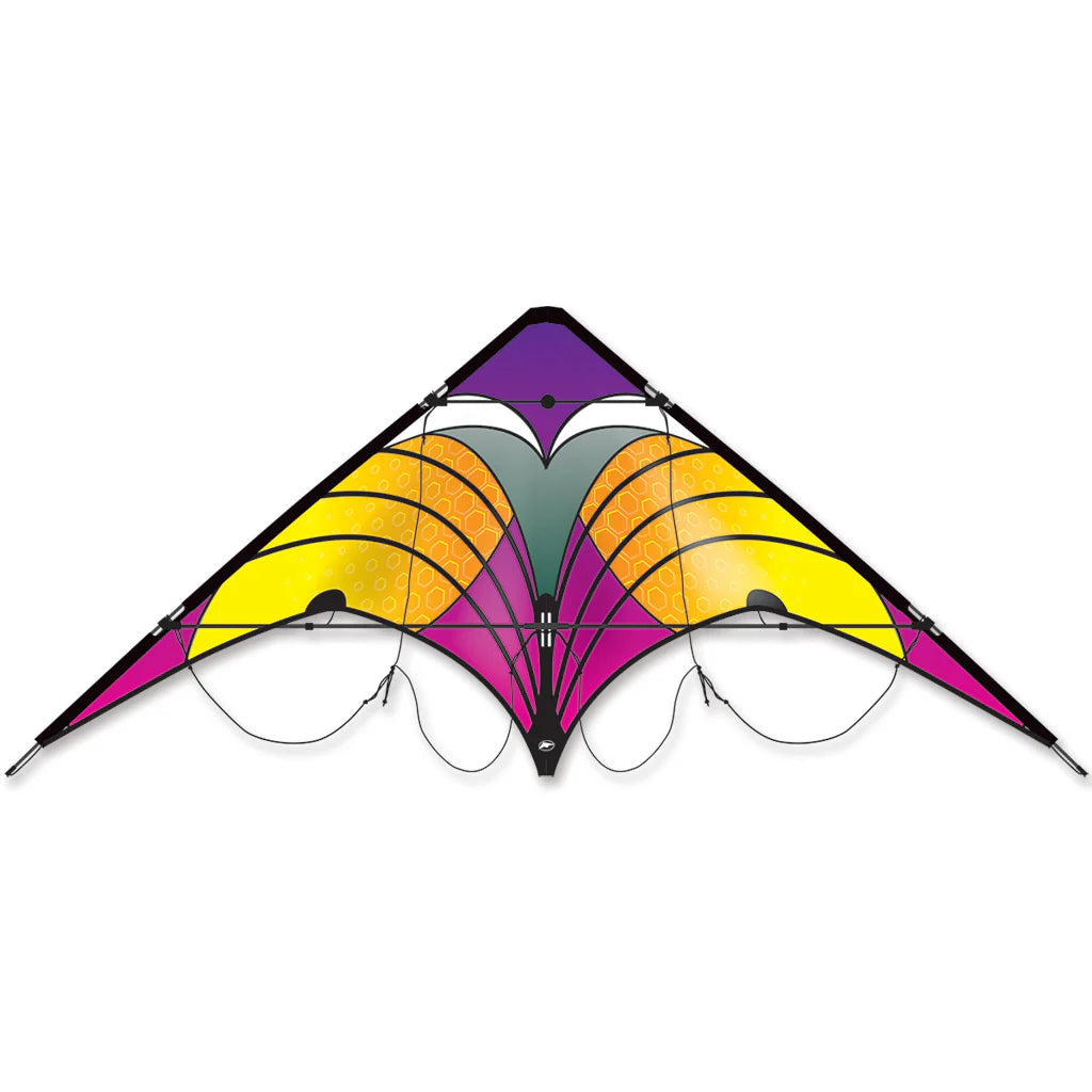 Vision Sport Kite | Sunset stunt kite with vibrant purple, yellow, and orange colors and durable ripstop nylon fabric.