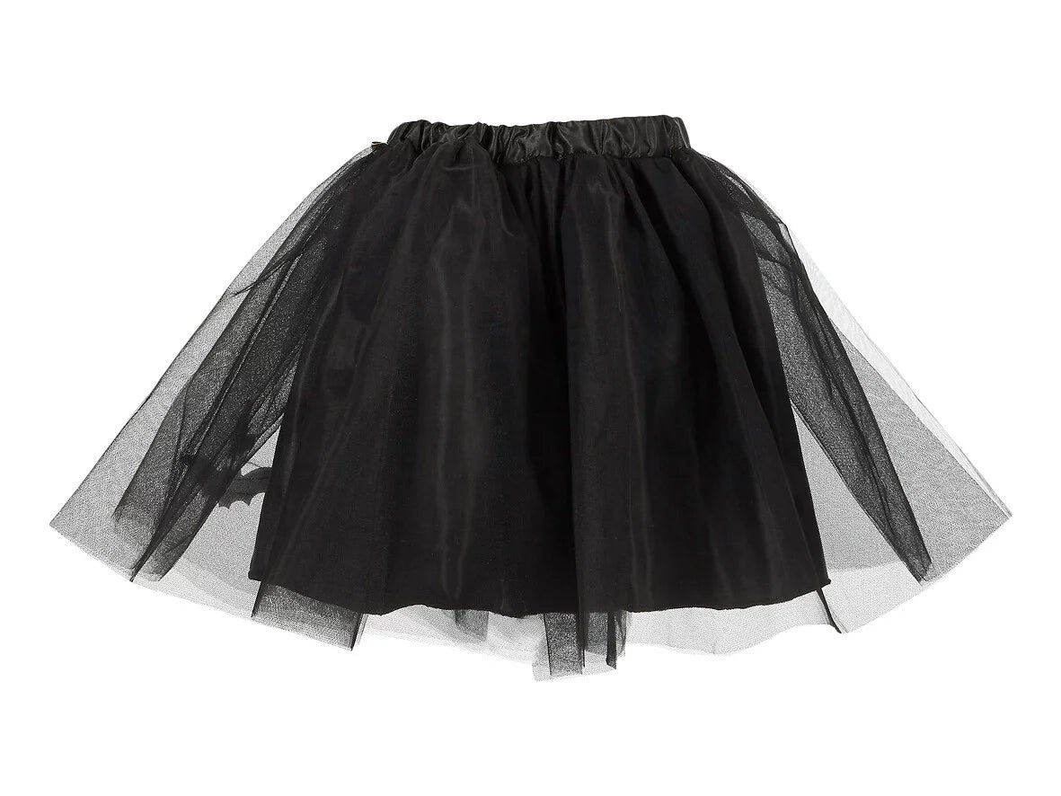 Black tulle skirt with layered shimmer fabric and elastic waistband, perfect for imaginative dress-up and twirling.