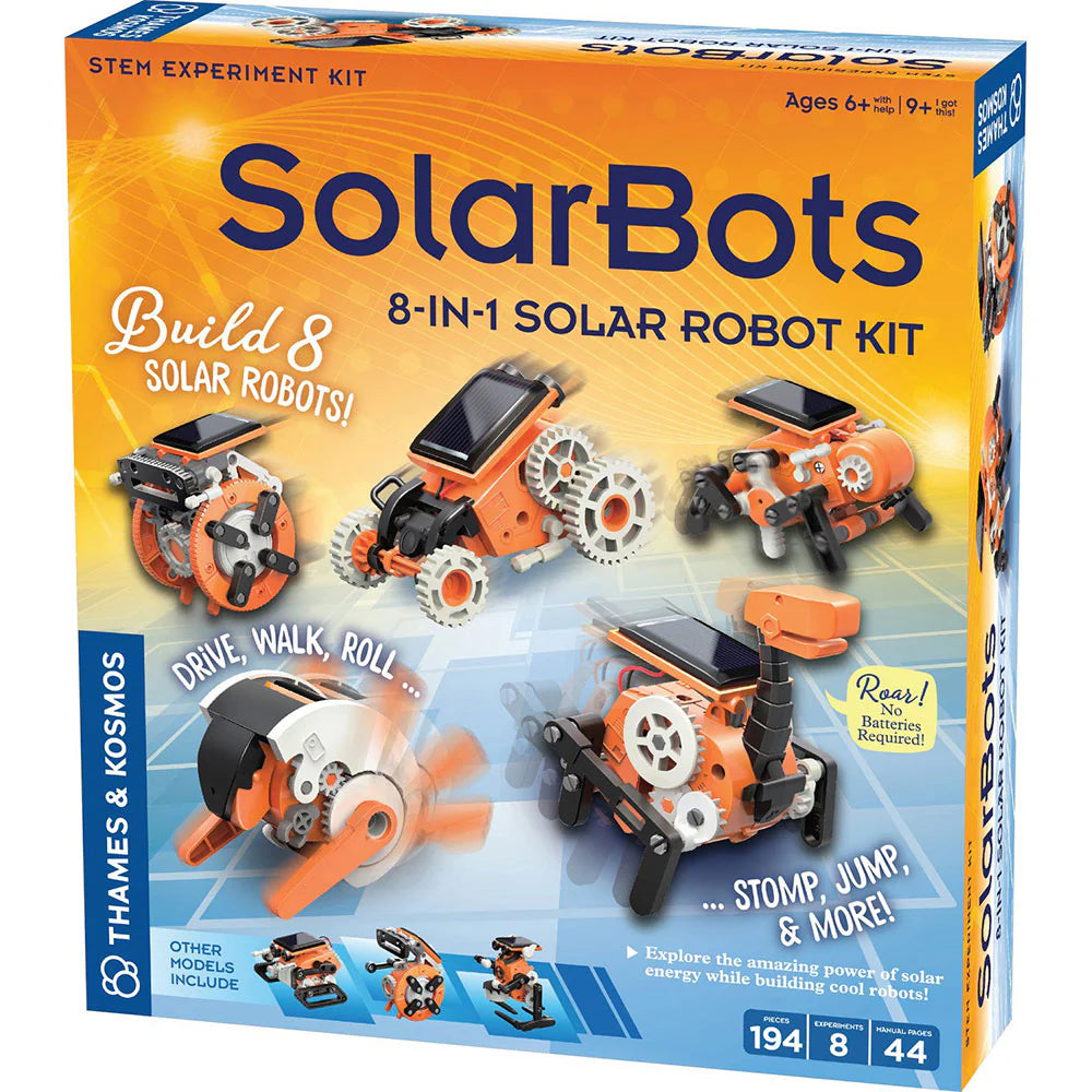 SolarBots: 8-in-1 Solar Robot Kit packaging showing various solar-powered robot models and key kit features.