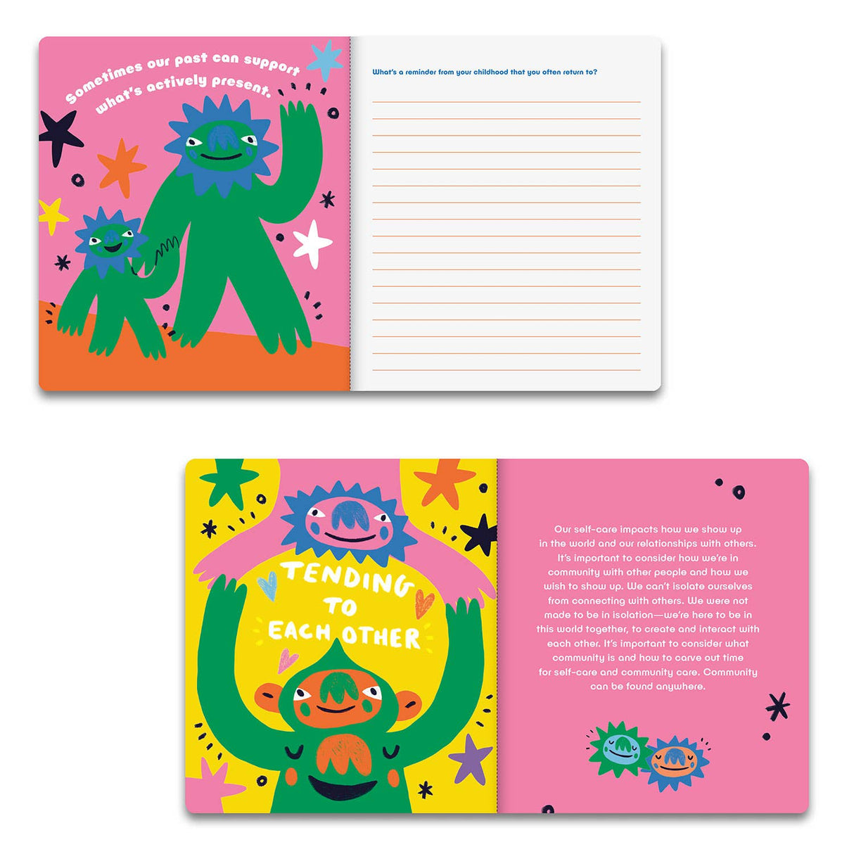Colorful illustrated pages from the Gentle Reminders Guided Journal featuring friendly monster characters and reflective prompts