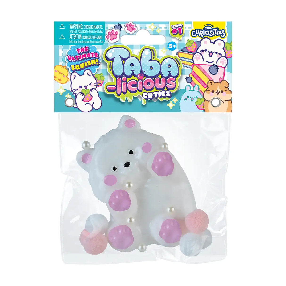 Taba-licious Cuties Squishy soft bear stress-relief toy with pink paws and pearl-like beads in clear packaging.