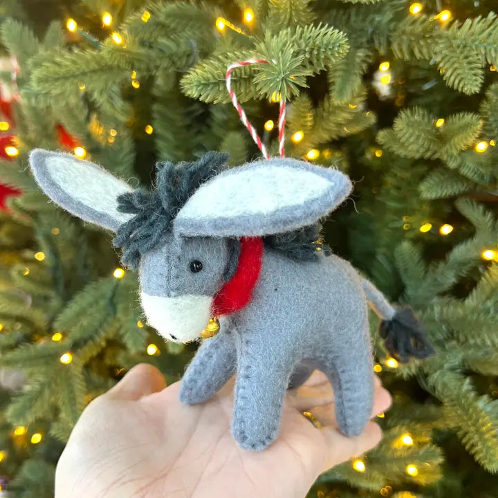 Donkey Felt Ornament, a handmade gray wool felt donkey with red collar and bell, perfect for holiday decor.