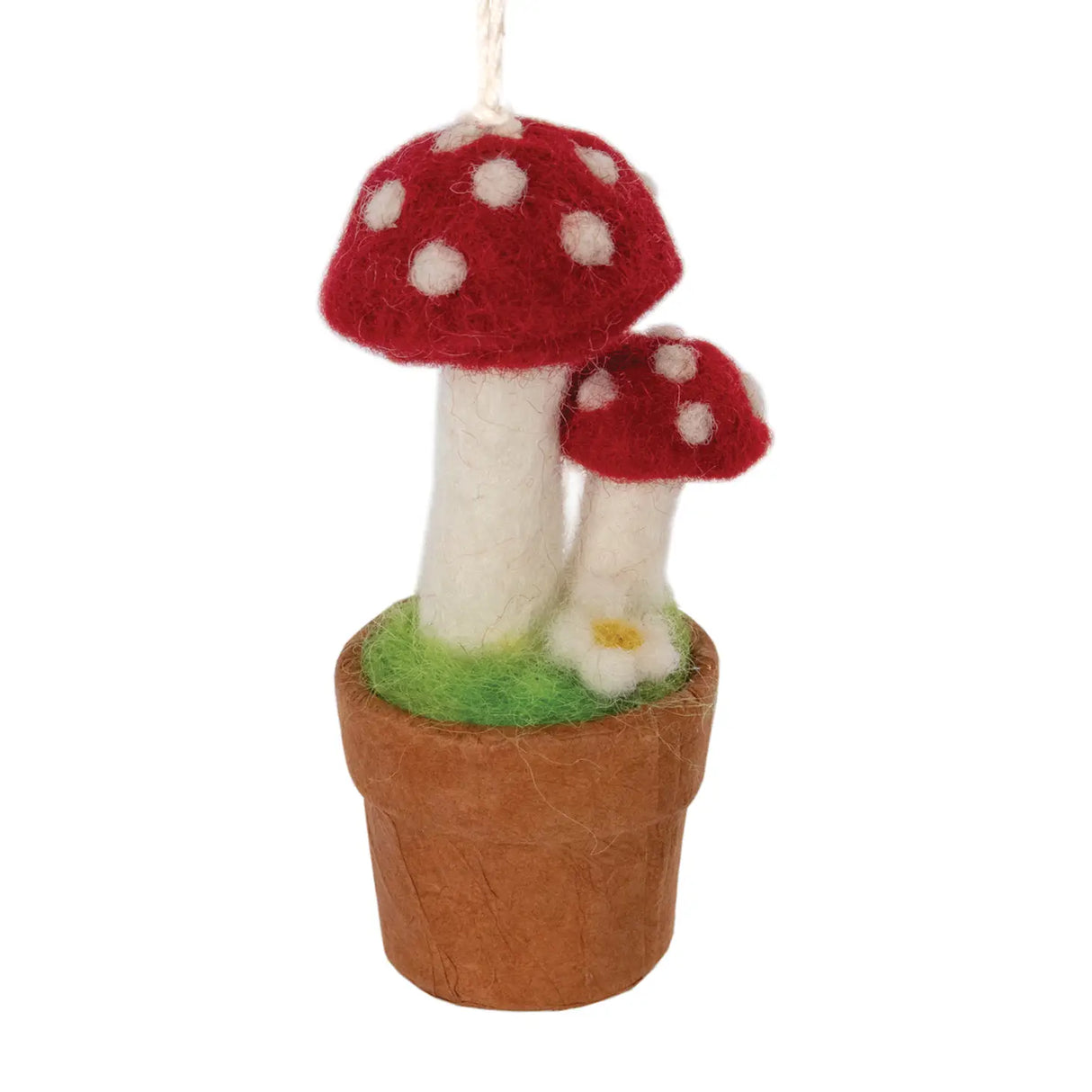 Twin Fairy Mushroom Felt Ornament featuring two hand-felted mushrooms in a mini eco-paper pot with hanging loop.
