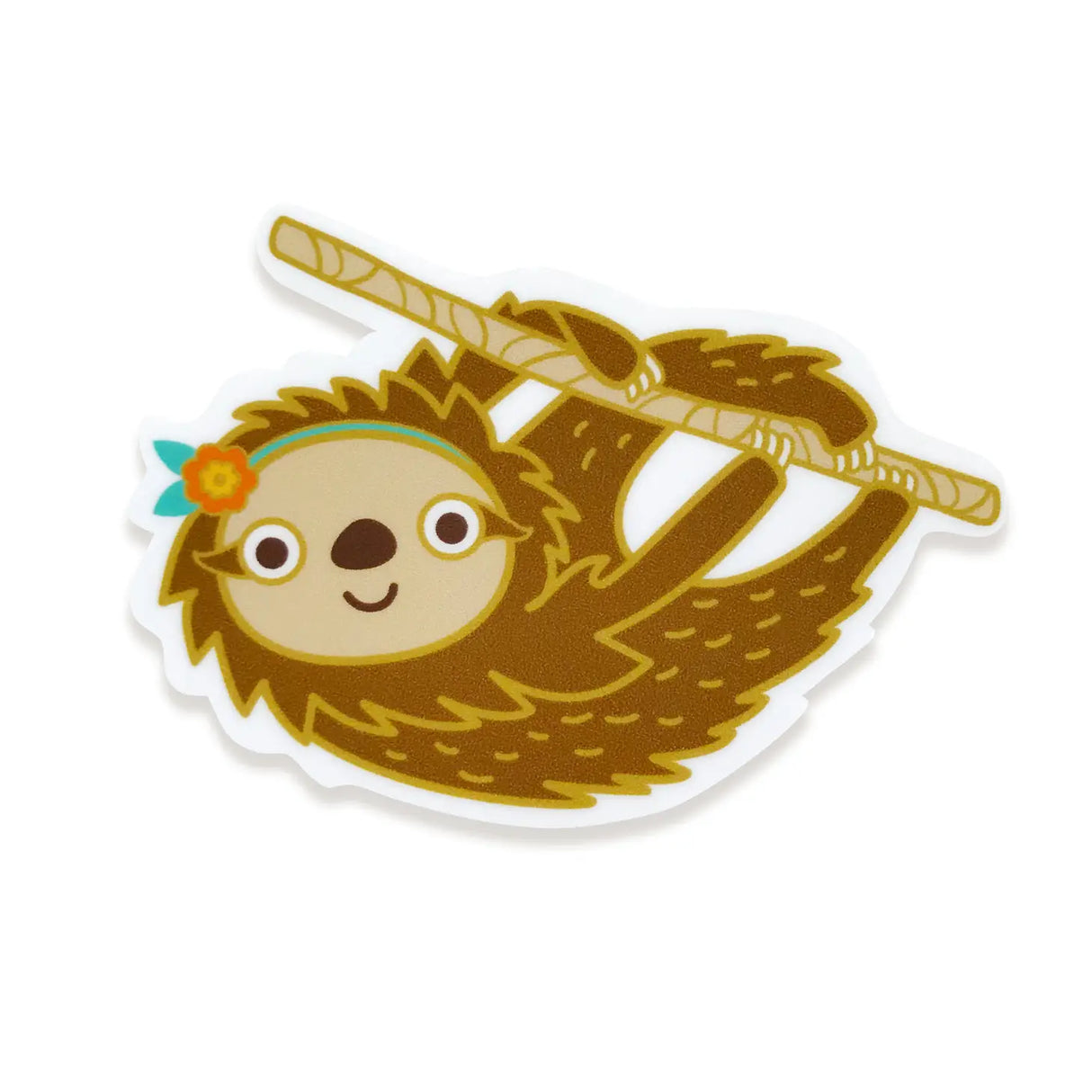 Forest Sloth Birthday Sticker Card featuring a cute sloth hanging from a branch with a flower headband design.
