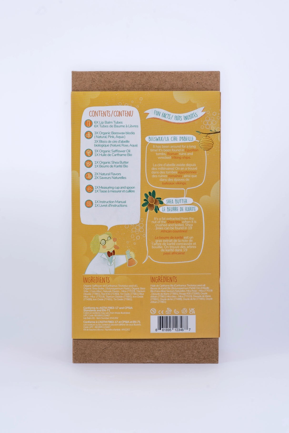 Back view of the DIY Lip Balm Kit packaging showing contents and ingredients list on a yellow background.