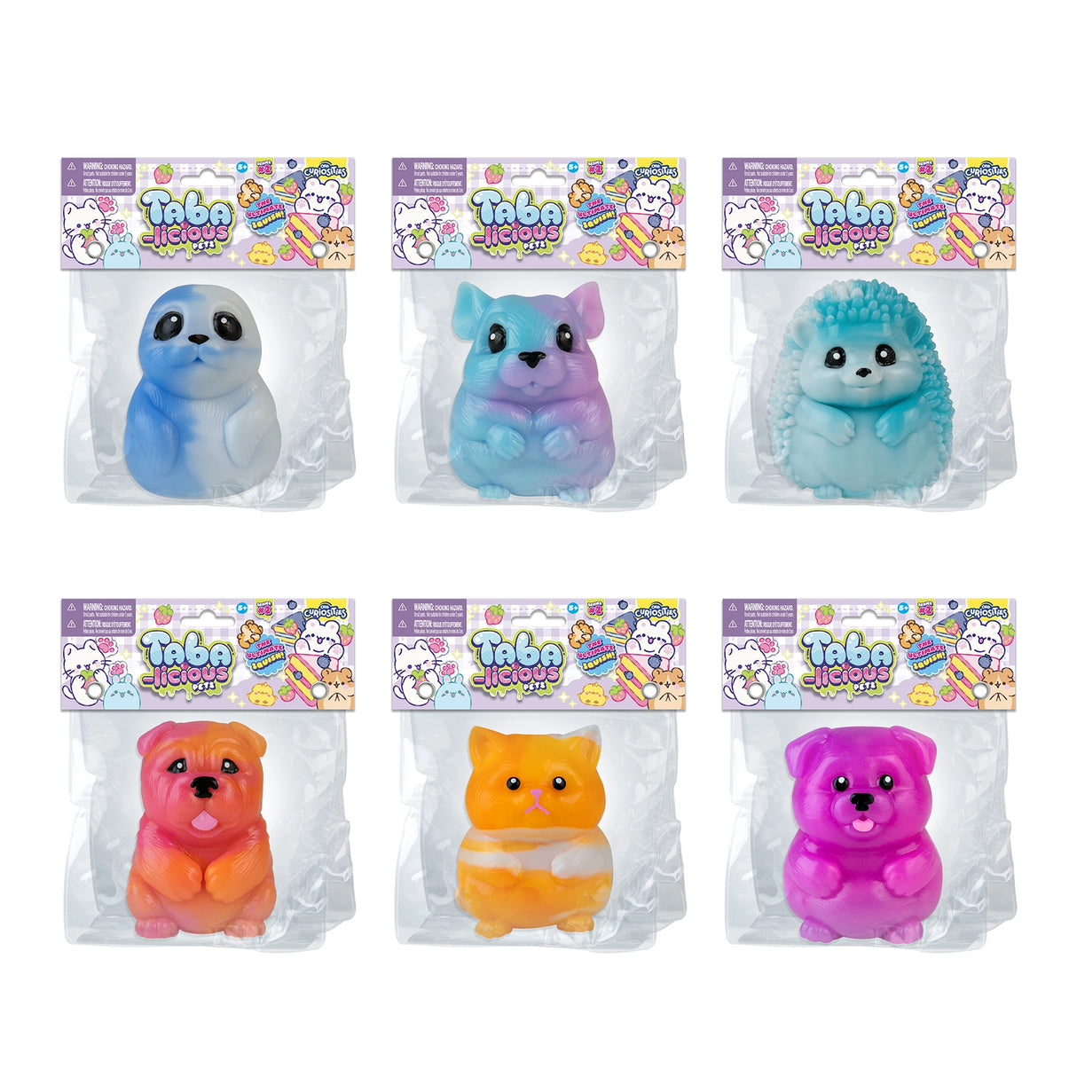 Six colorful Taba-licious Pets squishy toys including dog, cat, seal, hedgehog, and vibrant critters in clear packaging