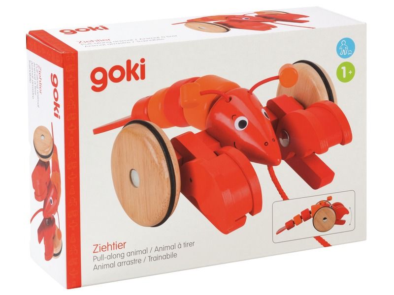 Wooden lobster pull-along toy with moving claws and wheels designed for toddlers to enjoy seaside play.