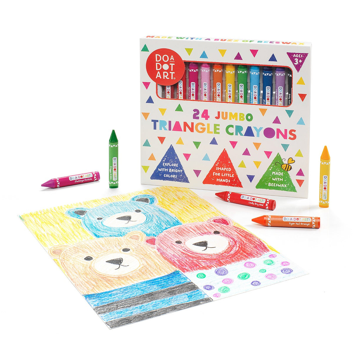 Jumbo Triangle Crayons box with colorful crayons and children's artwork