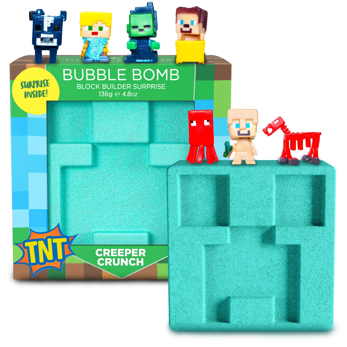 Blue pixelated bubble bomb with surprise block figure bath toys displayed on top and in packaging