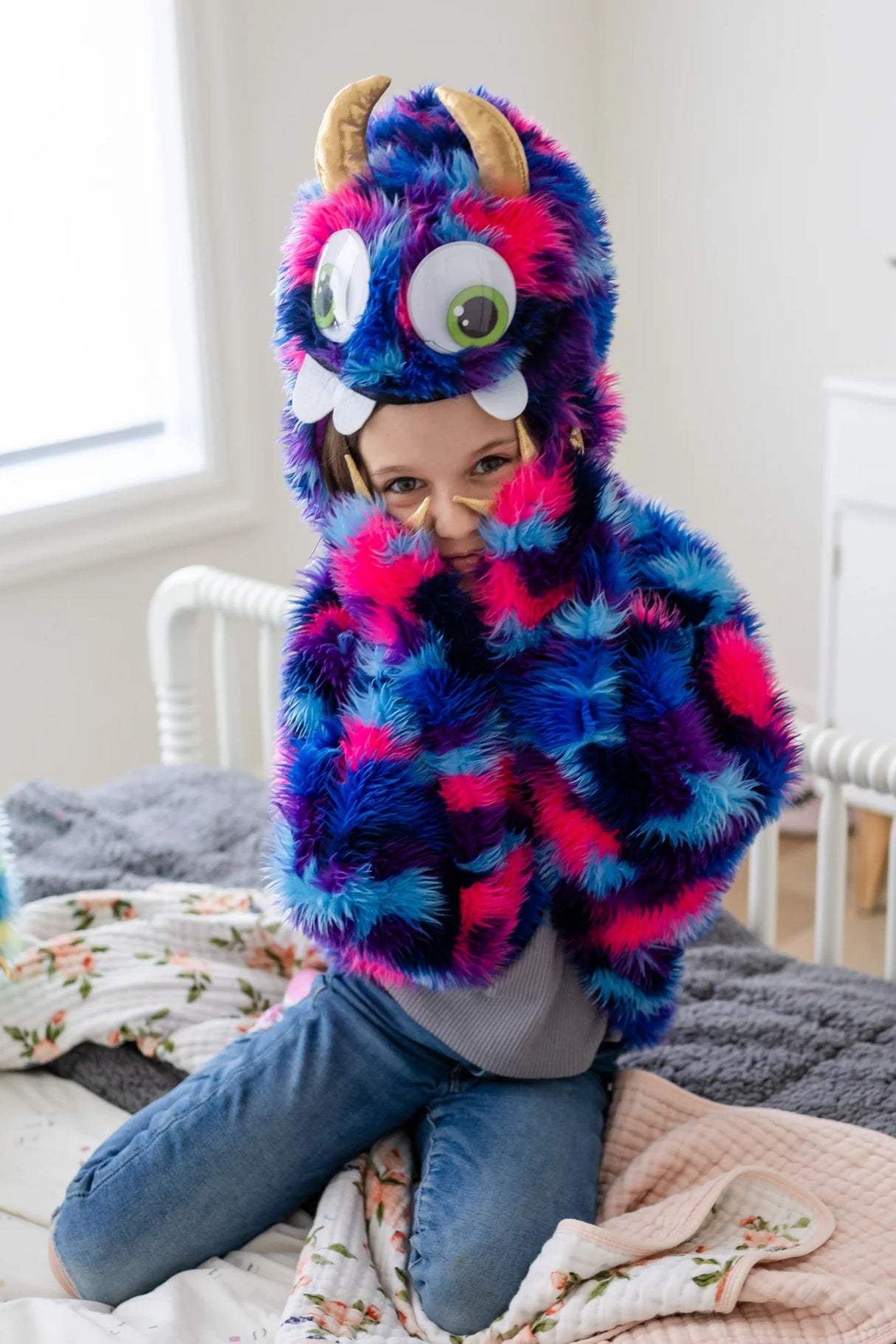 Child wearing colorful Goober the Monster Cape with googly eyes, gold horns, and soft furry texture indoors.