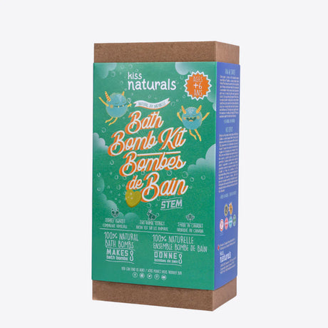 DIY Bath Bomb Kit packaging showing eco-friendly, all-natural ingredients and STEM bath bomb fun for kids ages 6+