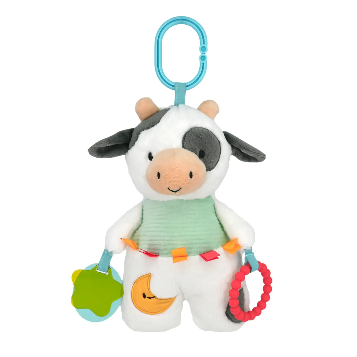 Activity Toy | Cow plush baby toy with teether, crinkle, jingle bell, satin tabs, and on-the-go clip for stroller or car seat.