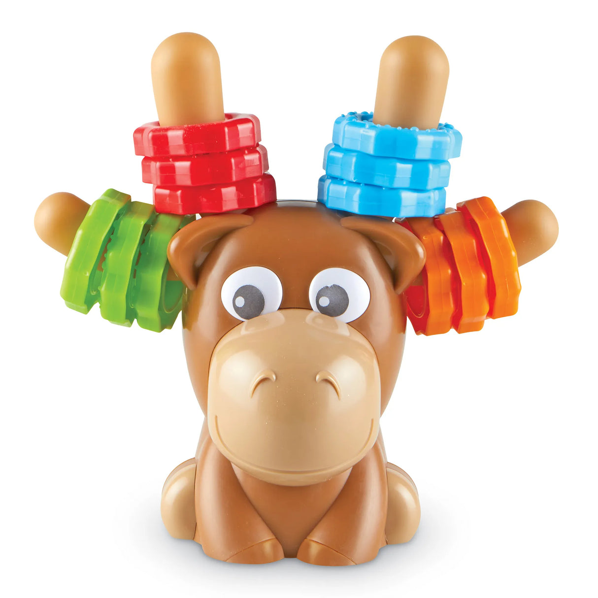 Max the Fine Motor Moose toy with colorful plastic rings designed to build toddlers' hand strength and coordination.
