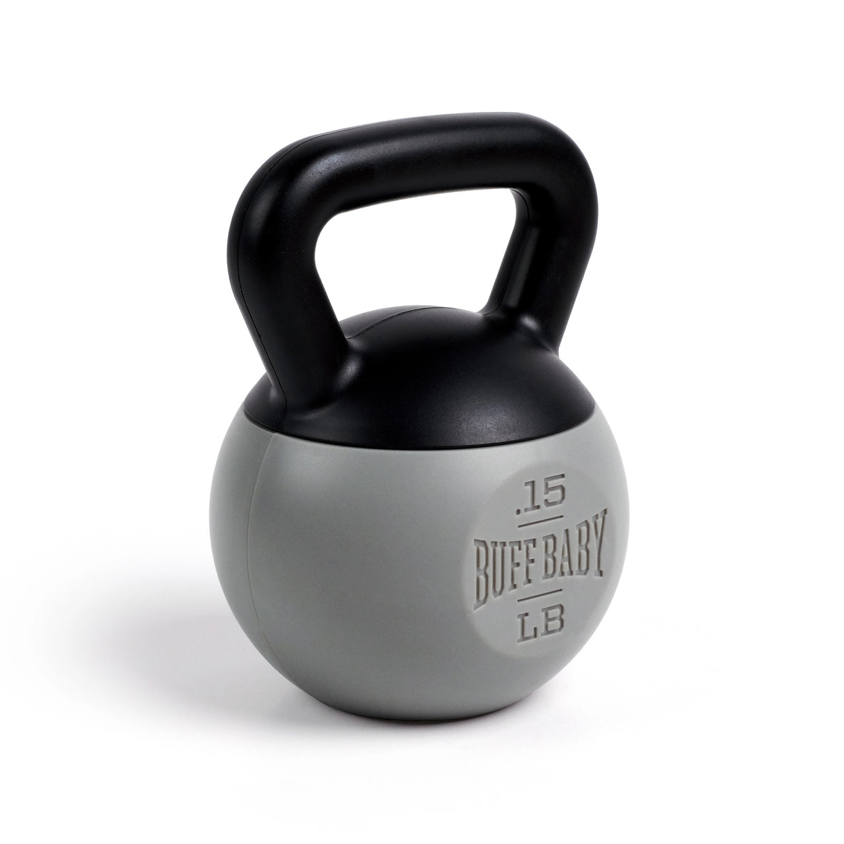 Kettleball Rattle baby toy shaped like a kettlebell with a black handle and gray body, safe for infants 3 months+