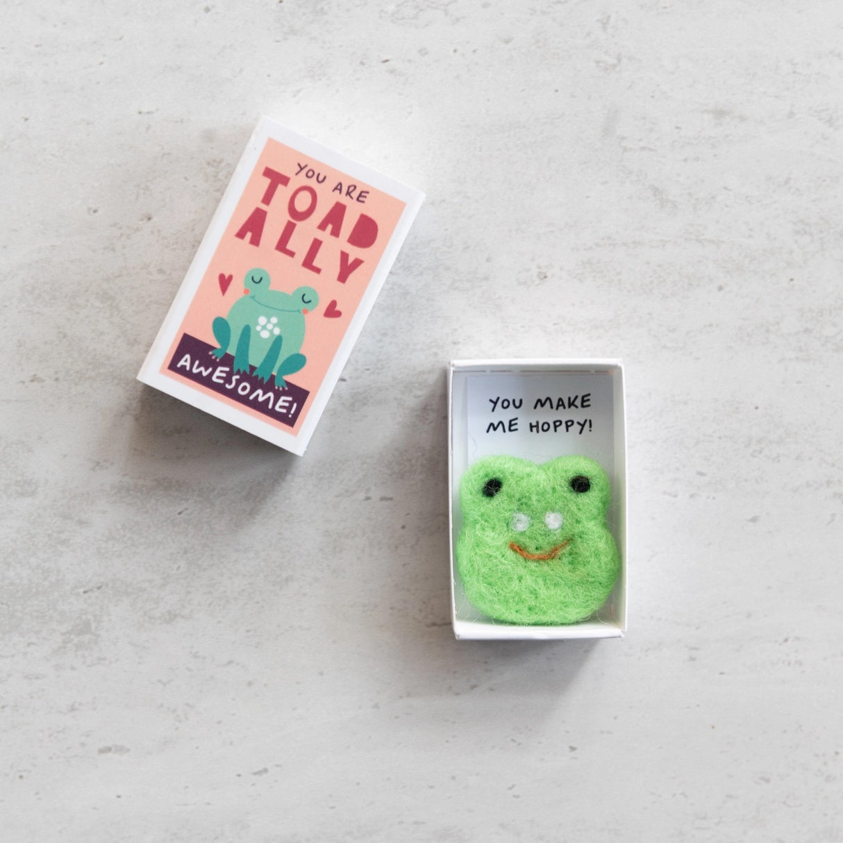 Toadally Awesome Felt Frog Matchbox featuring a handmade wool felt frog and cheerful messages in a small gift box.