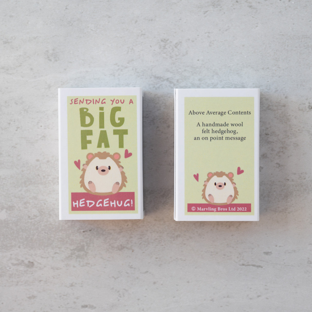 Sending You a Hedgehug Matchbox showing front and back with a cute hedgehog illustration and heartfelt message.