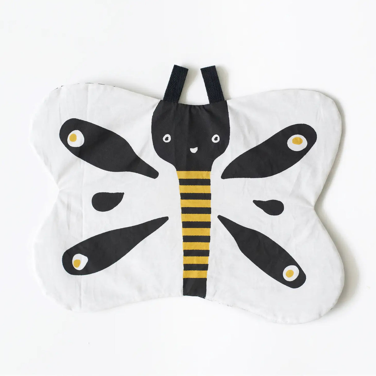 Organic Crinkle Toy Butterfly made of 100% organic cotton with black and yellow high-contrast butterfly design.