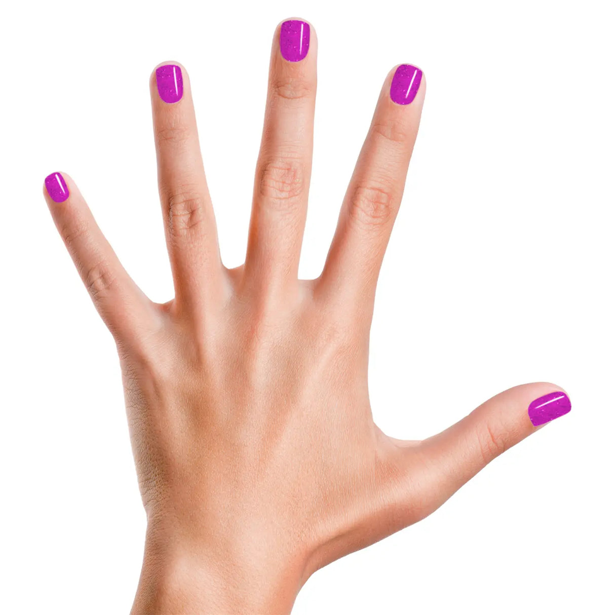 Hand with nails painted in vibrant pink shade using Nail Polish Fairy Berry, a water-based, non-toxic, vegan polish.
