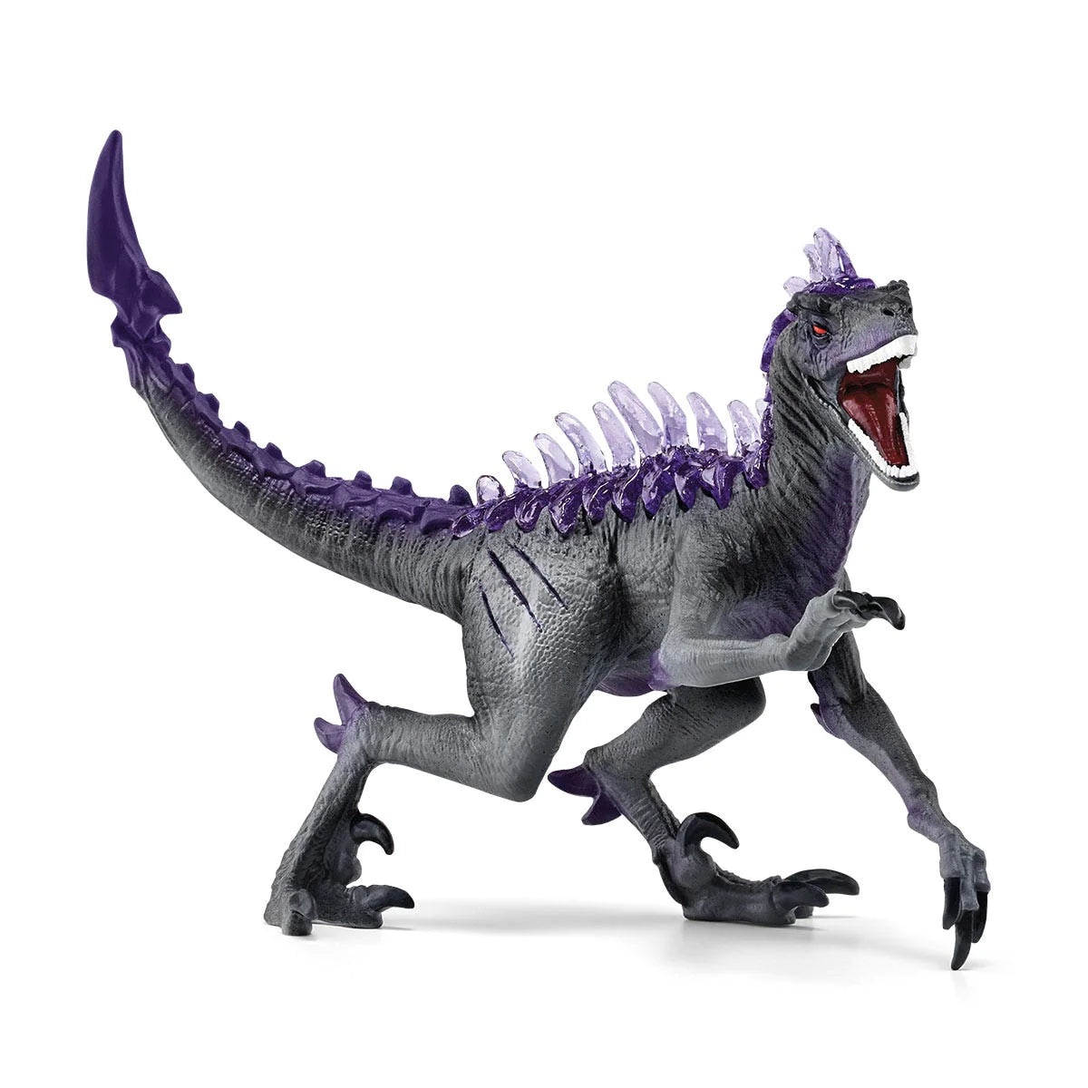 Shadow Raptor dinosaur figure with sharp claws, teeth, and purple spines, showing battle scars in a dynamic pose.