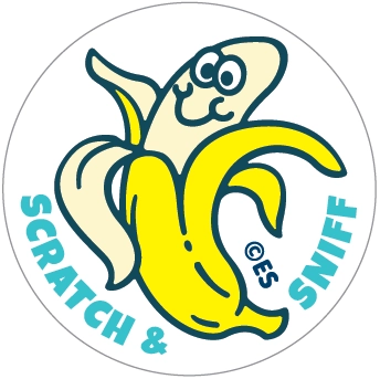 Peeling banana character illustration with smiling face and text Scratch & Sniff in bright colors on white background