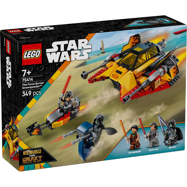LEGO Star Wars The Force Burner Snowspeeder building set with flame details, minifigures, and launchable speeder bike