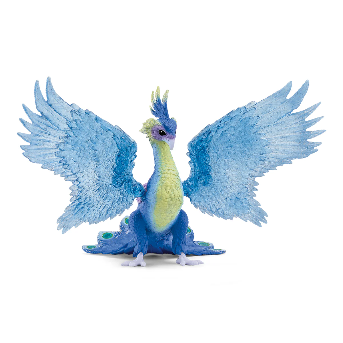 Bayala | Magical Peacock figurine with vibrant blue wings spread wide, slender neck, and detailed tail feathers.