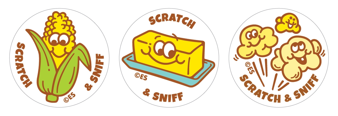 Round stickers featuring cartoon buttered popcorn, butter stick, and popcorn kernels with eyes and smiling faces