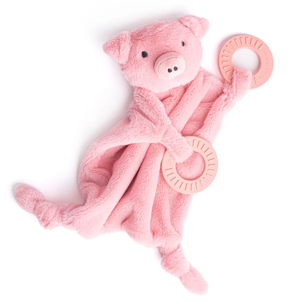 Soft pink pig plush lovey with two silicone teething rings for soothing infants’ gums and cuddling comfort.
