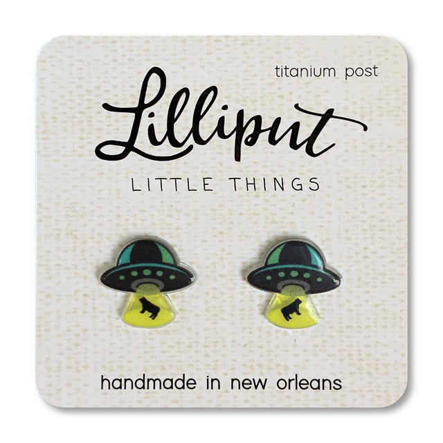 UFO Earrings with medical-grade titanium posts, hypoallergenic, waterproof, fade-resistant, and handmade in New Orleans.