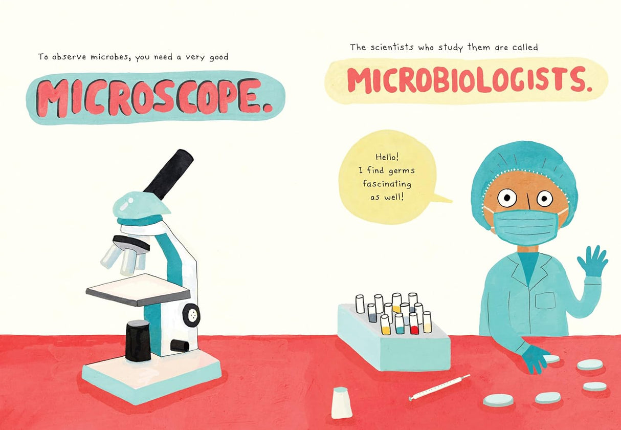 Illustration from Club Microbe showing a microscope and a friendly microbiologist studying germs in a colorful cartoon style.