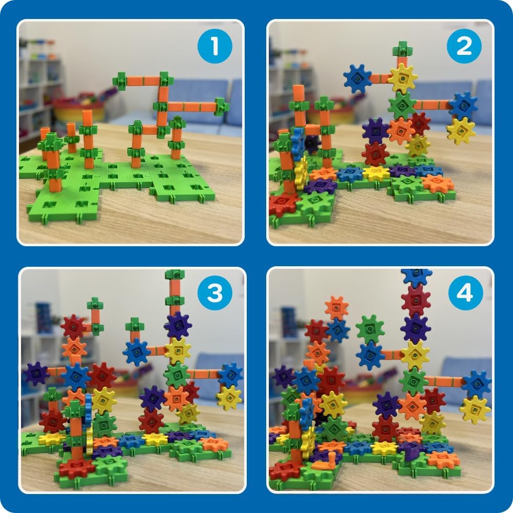 Four-step build of colorful interlocking gears on green base pieces arranged on a wooden table background