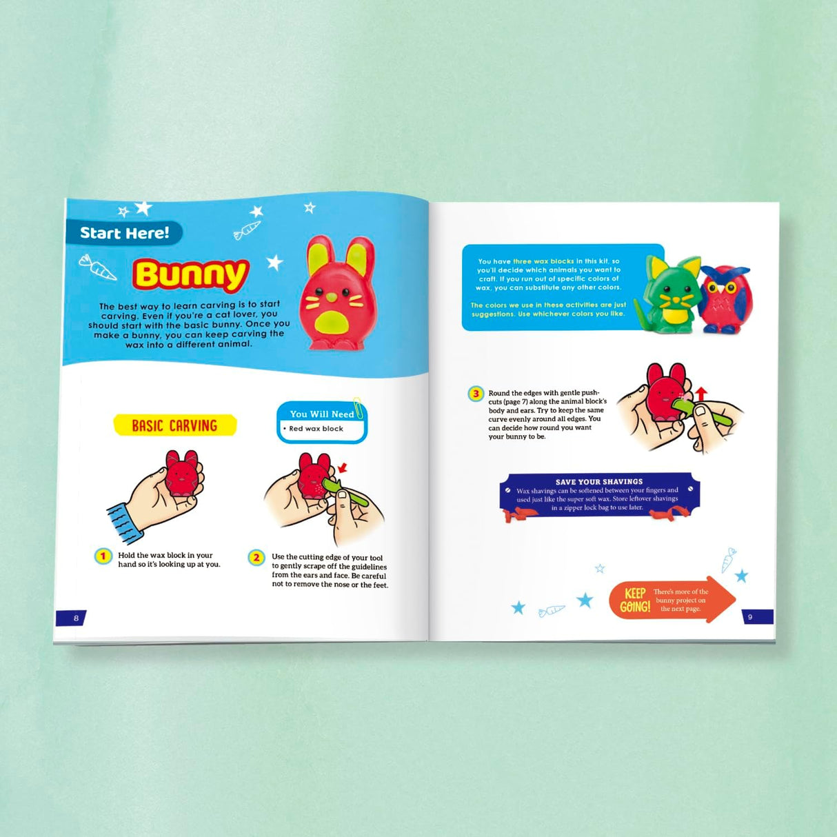 Easy to Carve Wax Animals kit open to bunny carving instructions with colorful illustrations and tools shown.