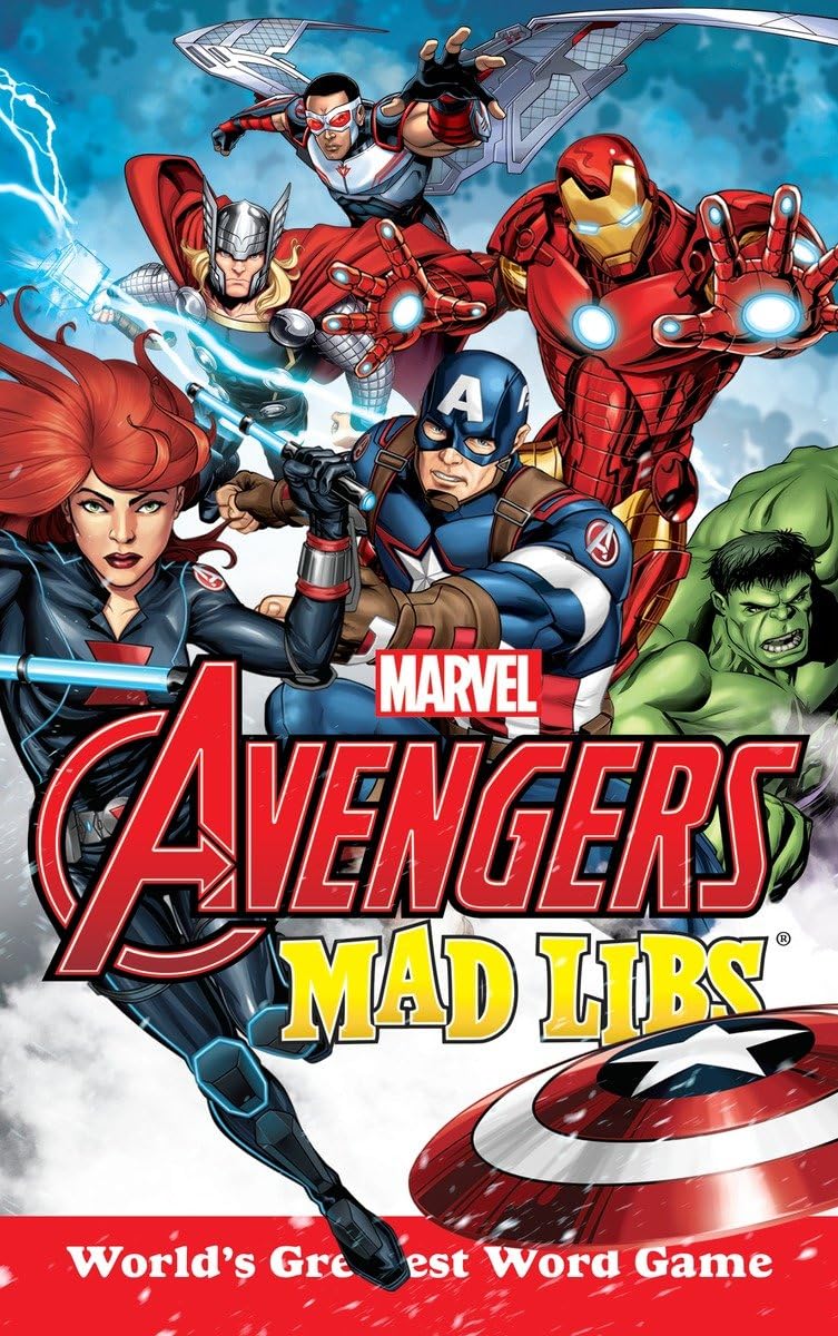 Mad Libs Marvel Avengers book cover featuring Black Widow, Thor, Falcon, Iron Man, Captain America, and Hulk in action pose.