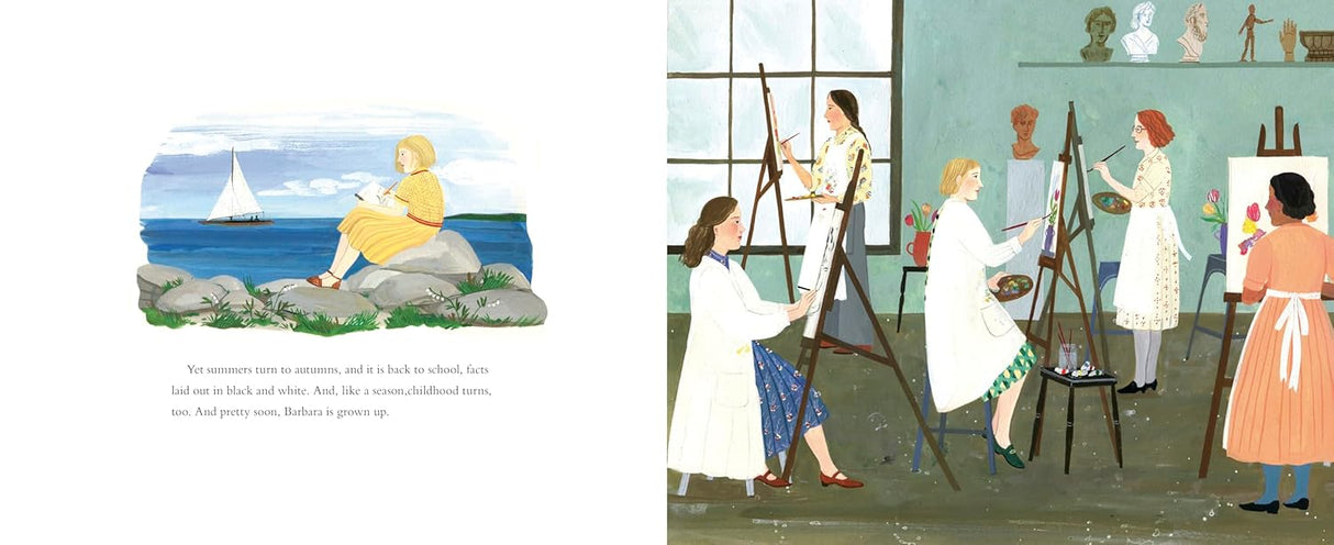 World More Beautiful: The Life and Art of Barbara Cooney shows illustrations of a girl by the sea and women painting in a studio.