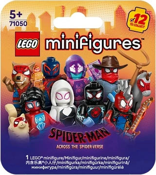 LEGO minifigure pack featuring 12 Spider-Man characters from Across the Spider-Verse with vibrant detailed designs