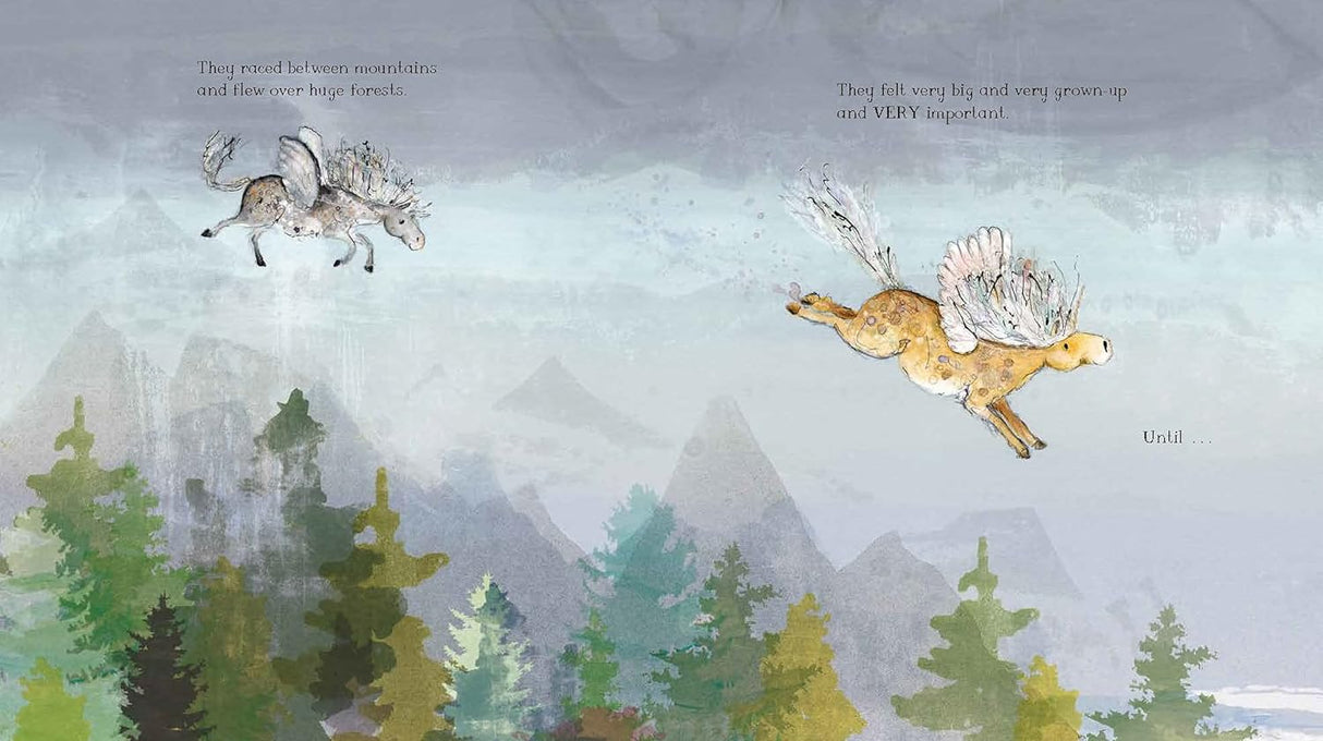 Illustration from Mini and Hardly and the Big Adventure showing two small winged unicorns flying above a forest.
