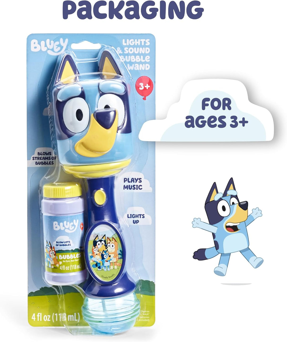 Bluey Lights & Sounds Bubble Wand with music, lights, and bubble solution for kids ages 3 and up.