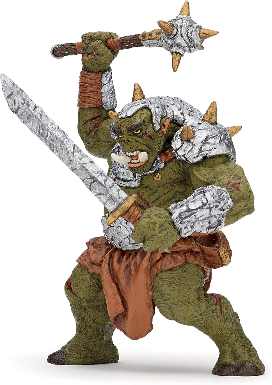 Green giant ork figure wielding a large saber and spiked mace wearing armor and a brown loincloth