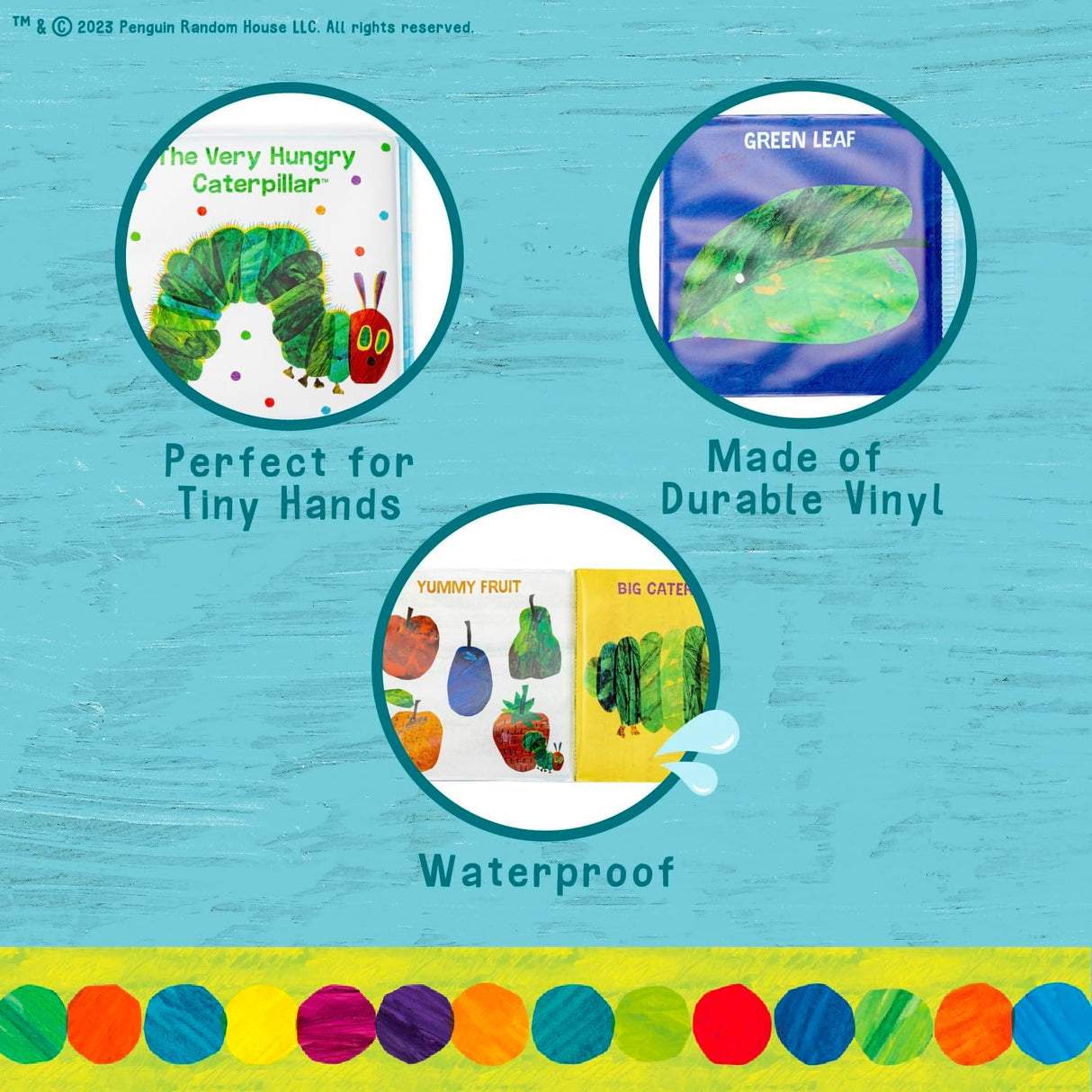 The Very Hungry Caterpillar Bath Book with colorful pages, durable vinyl, waterproof, and perfect for tiny hands.