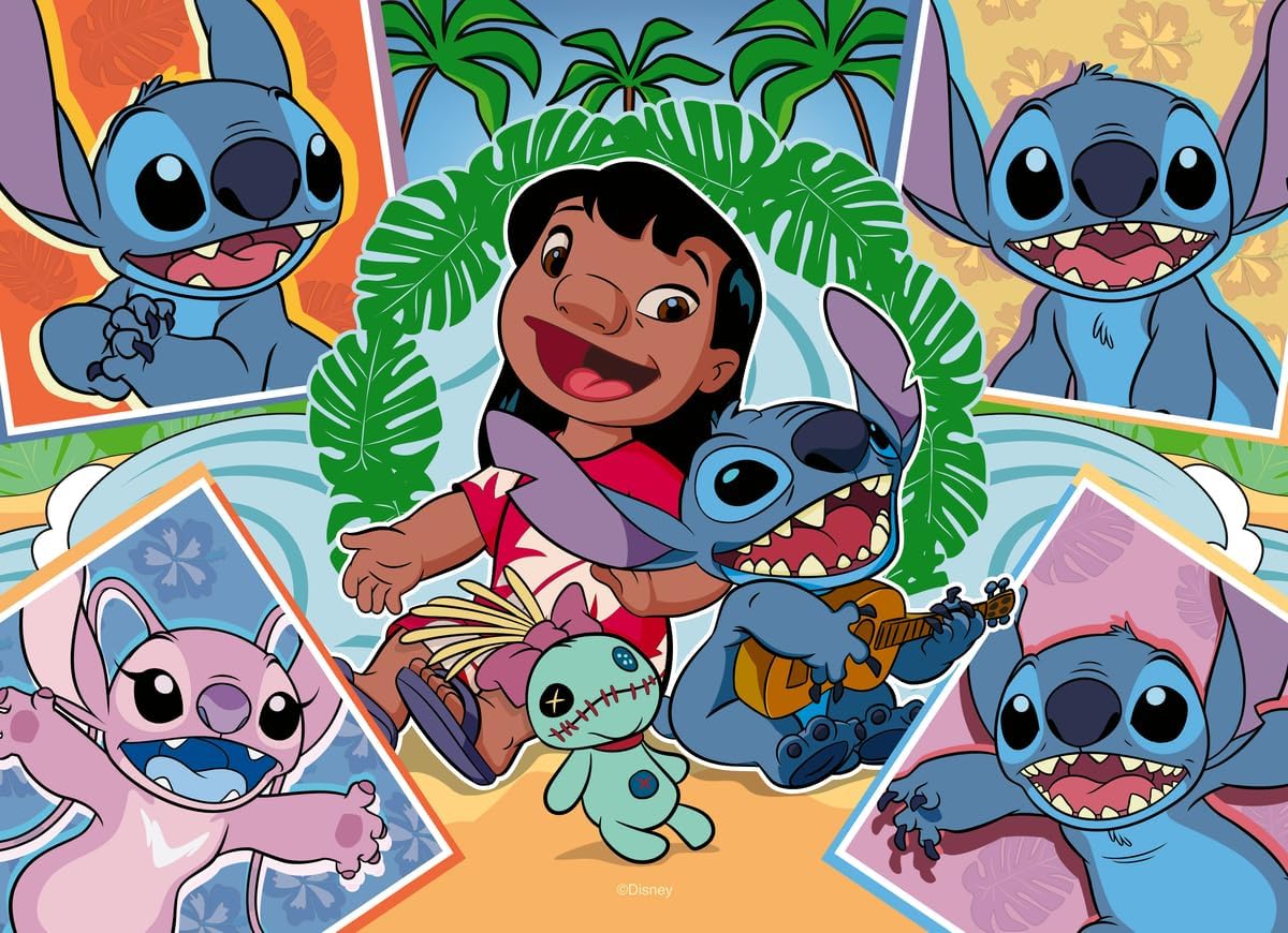 100pc Stitch Puzzles featuring colorful Stitch and Lilo characters in playful scenes for kids ages 5+ fun activity.