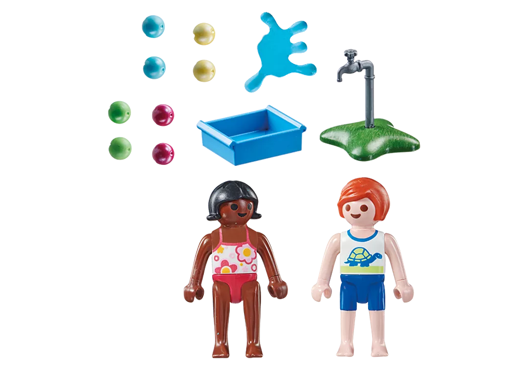 Special Plus | Children w/Water Balloons set with two figures, faucet, water puddle, container, and colorful water balloons.