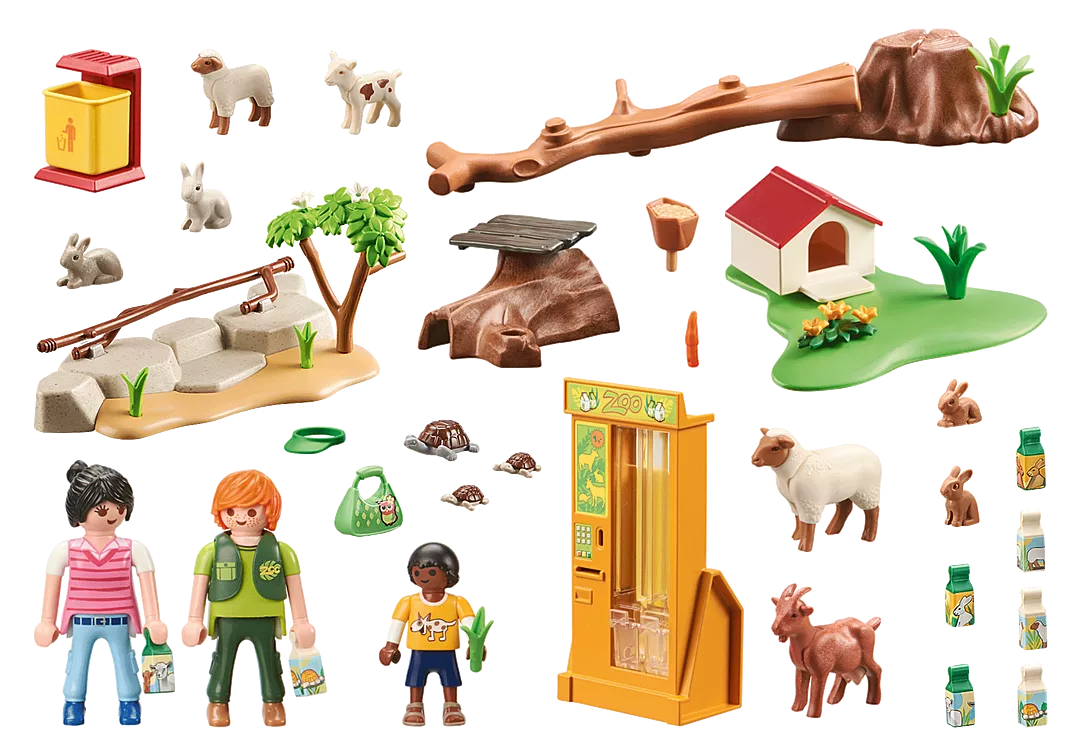 Family Fun | Petting Zoo with figures, goats, sheep, rabbits, turtles, feeder, tower, and animal house accessories.