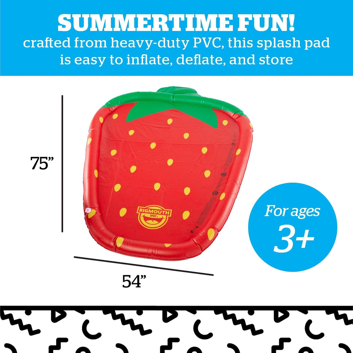 Inflatable splash pad shaped like a red strawberry with green leaves and yellow seed details for children three and older