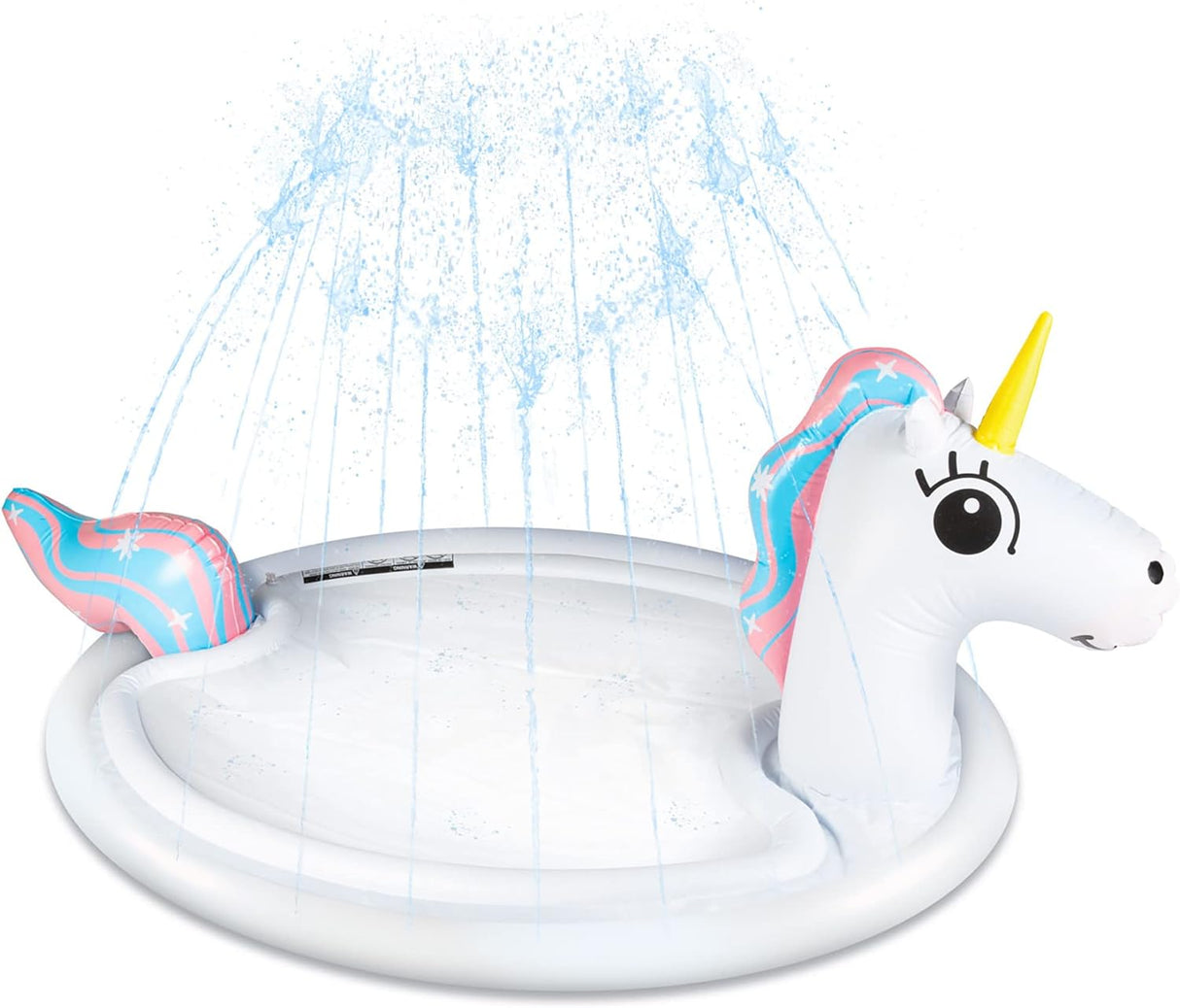 Splash Pad Sprinkler Unicorn inflatable water toy with sprinklers creating a 360-degree splash zone for outdoor fun.