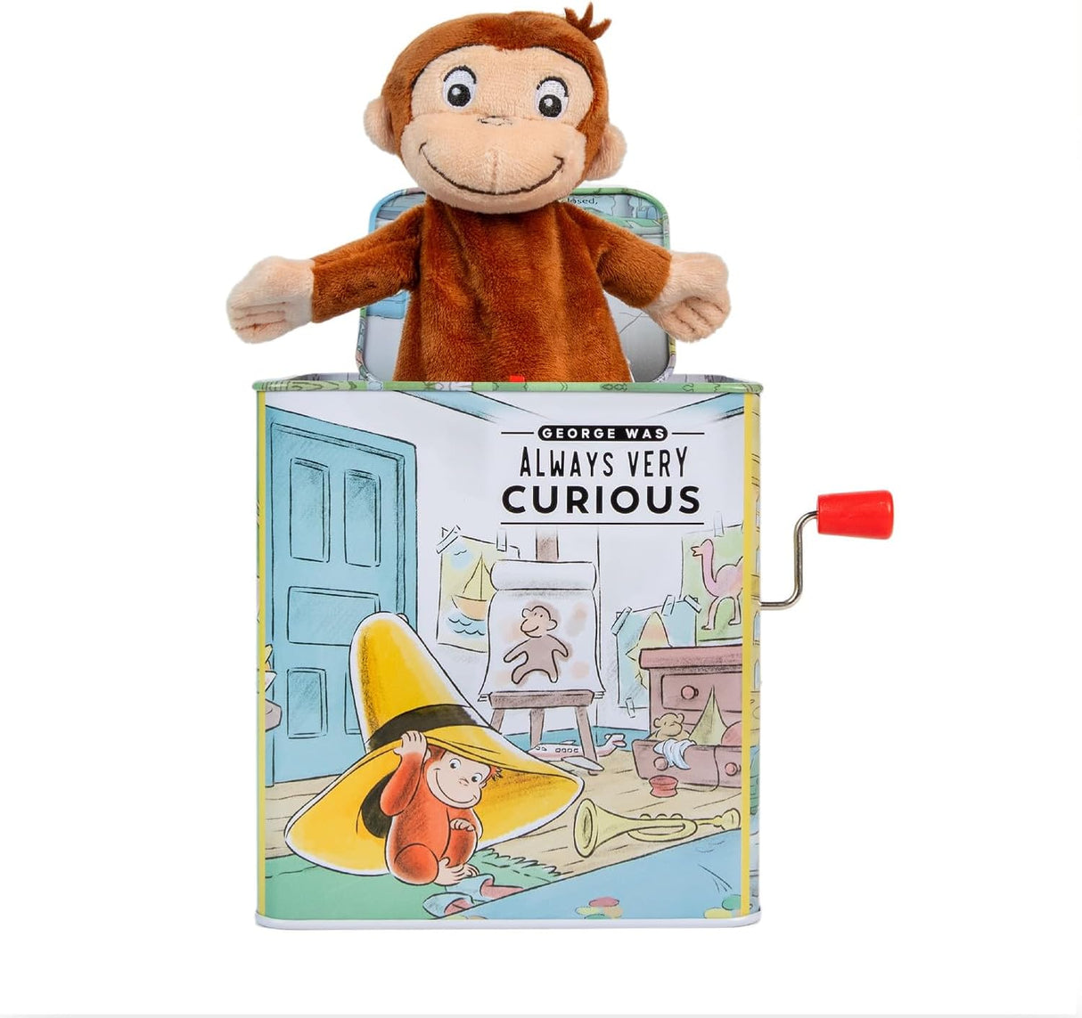Curious George | Jack in the Box toy with plush monkey and crank plays Pop Goes the Weasel, classic interactive toy for babies.